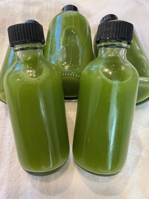 Picture of green juice wellness shot bottles.